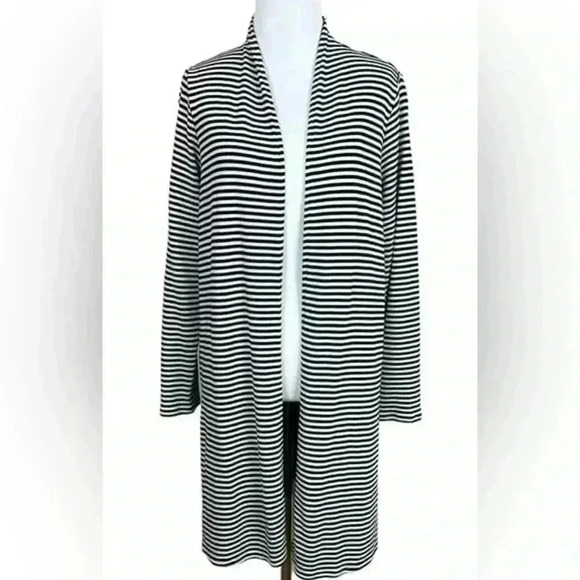 J. Jill Large Striped Knit Stretchy Cardigan Sweaters Shawl Collar Black Gray - Picture 1 of 6